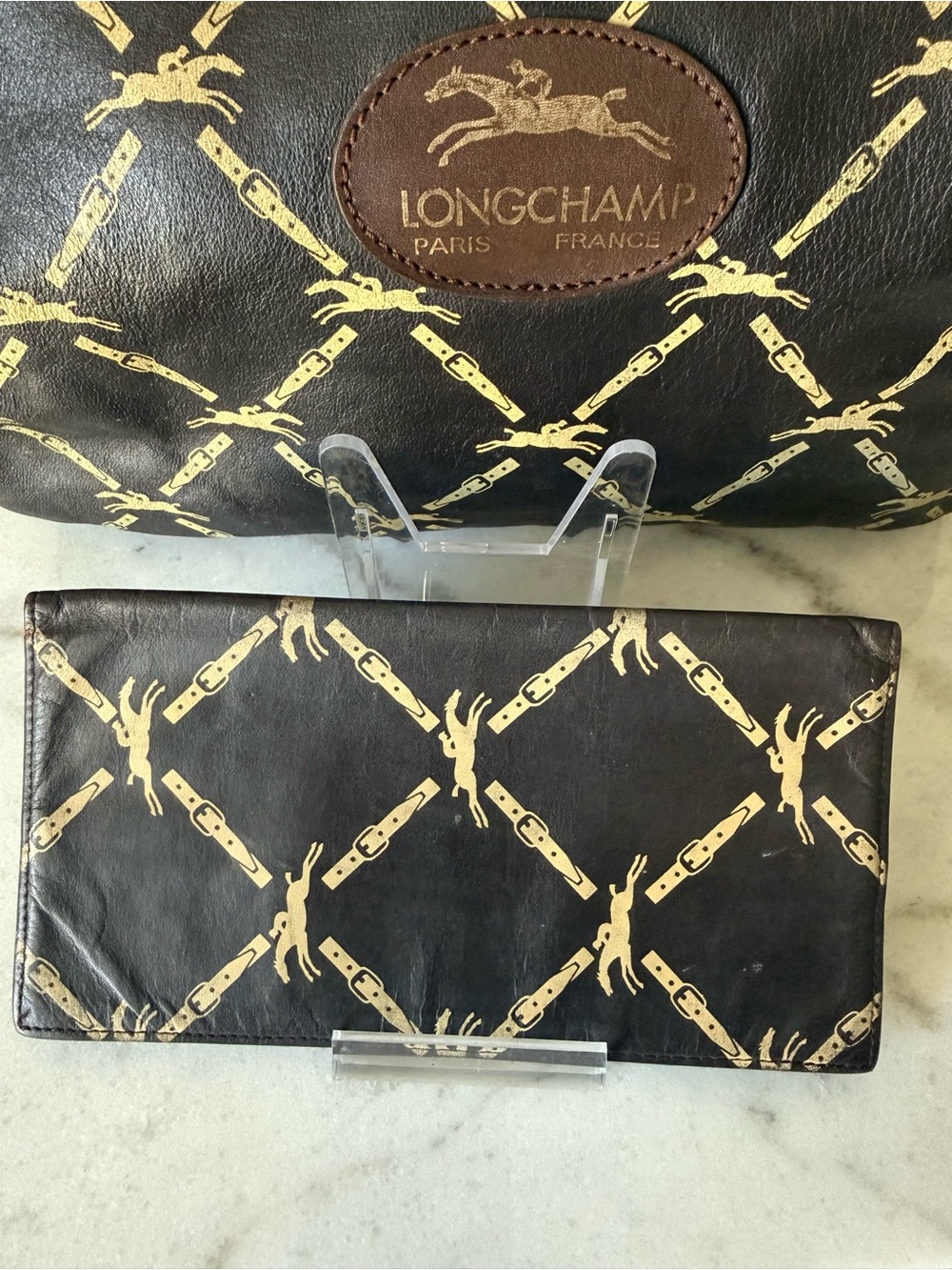 Vintage Longchamp Brown and Gold Monogram Satchel Bag with Long Wallet-GUC!! - Picture 10 of 15